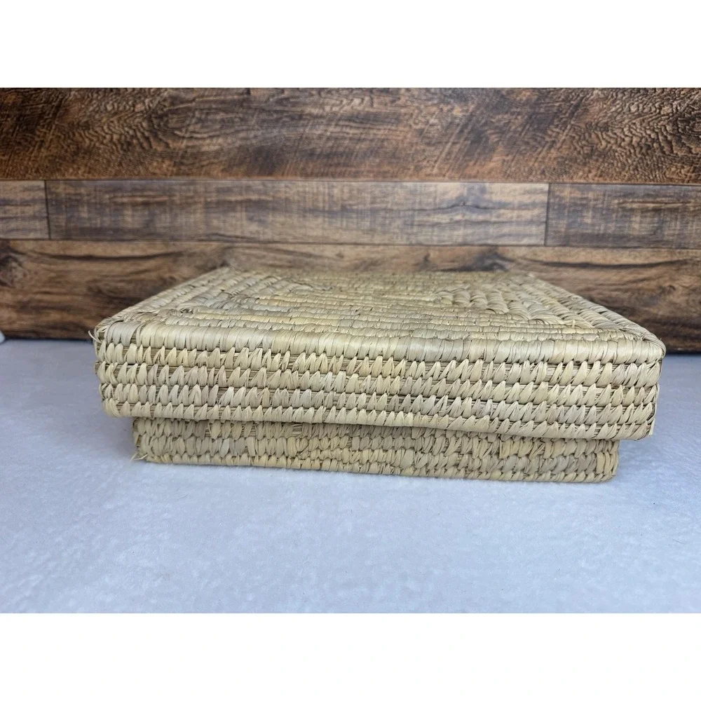 Handwoven Wicker‎ Lidded Basket Organizer Box 3 Compartments Boho Storage 9x12